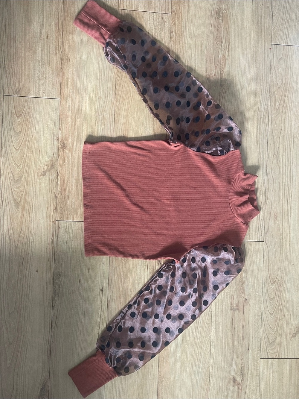 Source Unknown Rust Pink Knit Top with Sheer Polka Dot Sleeves